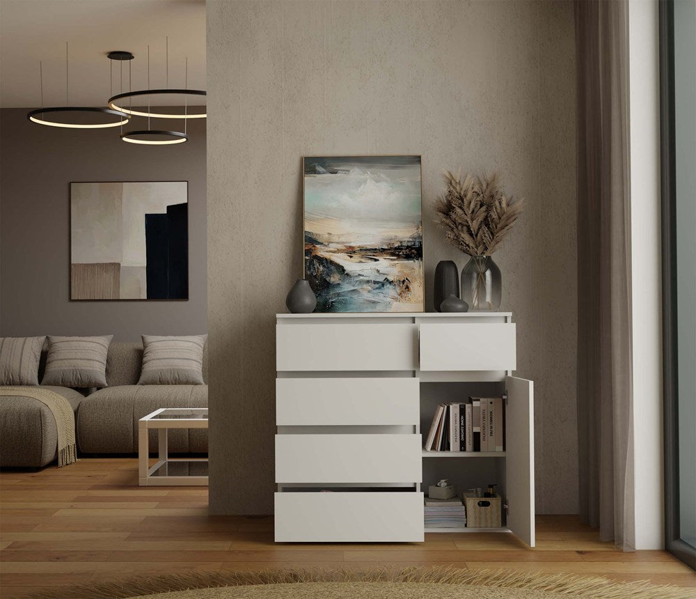 1D5S Commode - 1 porte à 5 tiroirs pour salon, chambre ou chambre d'amis