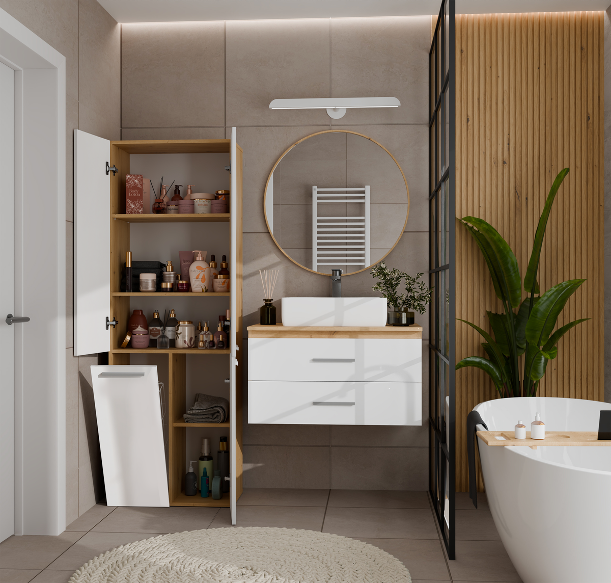 NEL 1K DD - Armoire de salle de bain avec panier à linge