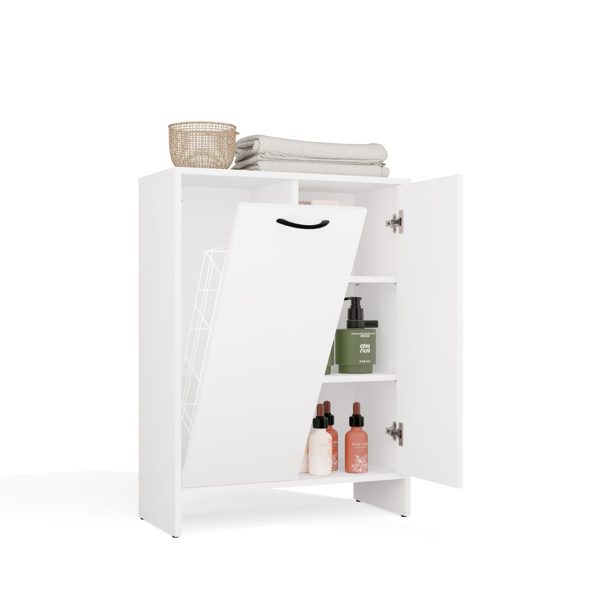 NINA 1K1D - Armoire de salle de bain panier à linge 3 étagères et 2 portes