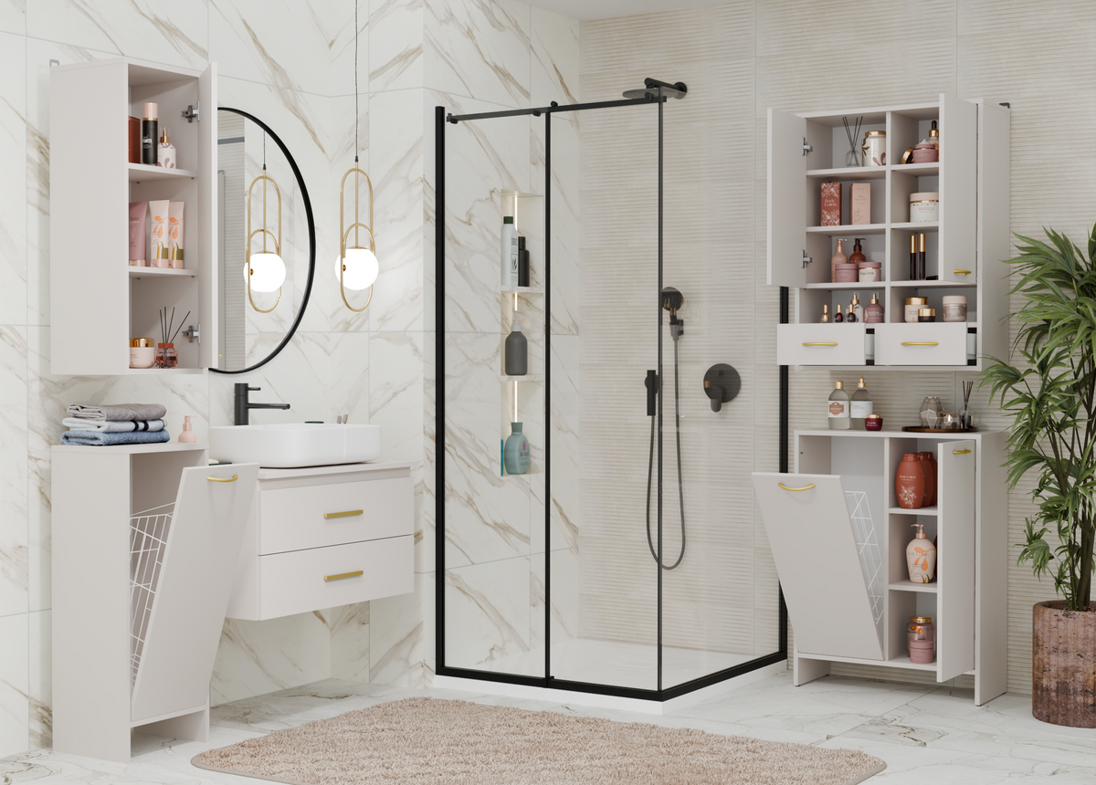 NINA 1K1D - Armoire de salle de bain panier à linge 3 étagères et 2 portes
