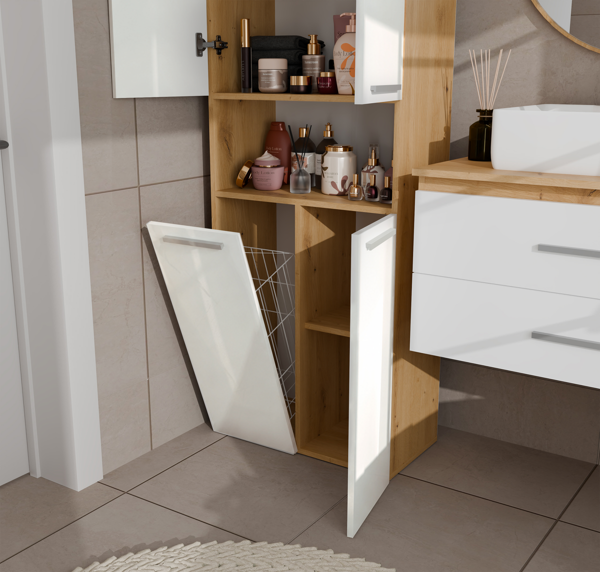 NEL 1K DK - Armoire de salle de bain avec panier à linge