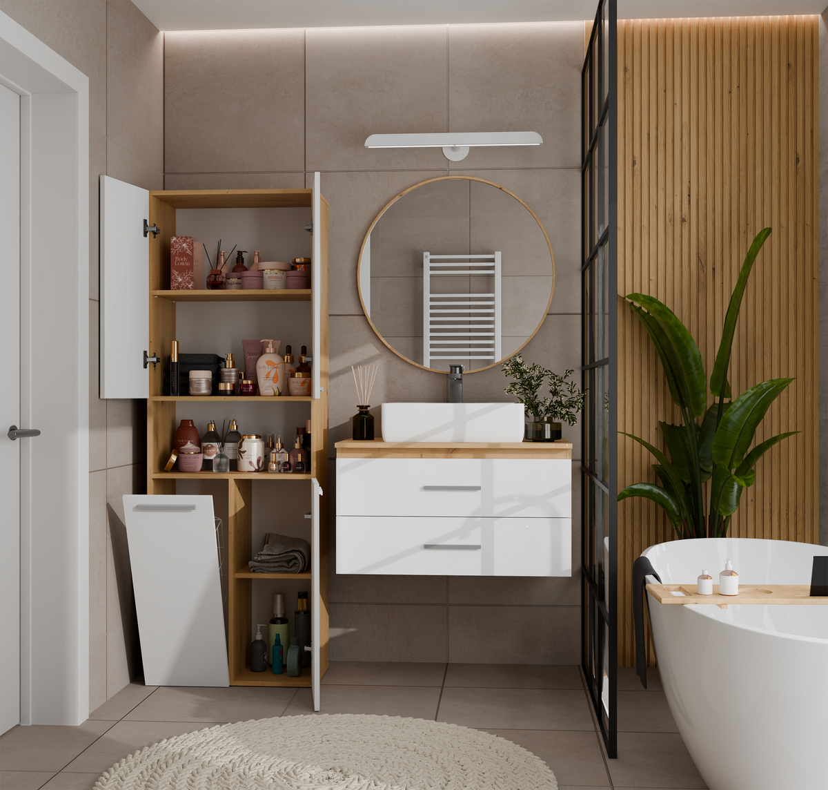 NEL 1K DK - Armoire de salle de bain avec panier à linge