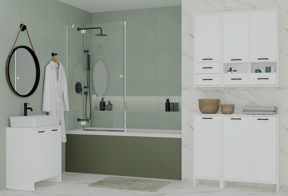 NINA 1K1D - Armoire de salle de bain panier à linge 3 étagères et 2 portes