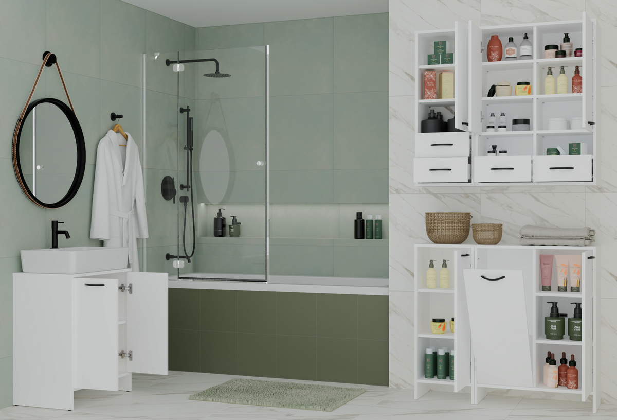 NINA 1K1D - Armoire de salle de bain panier à linge 3 étagères et 2 portes