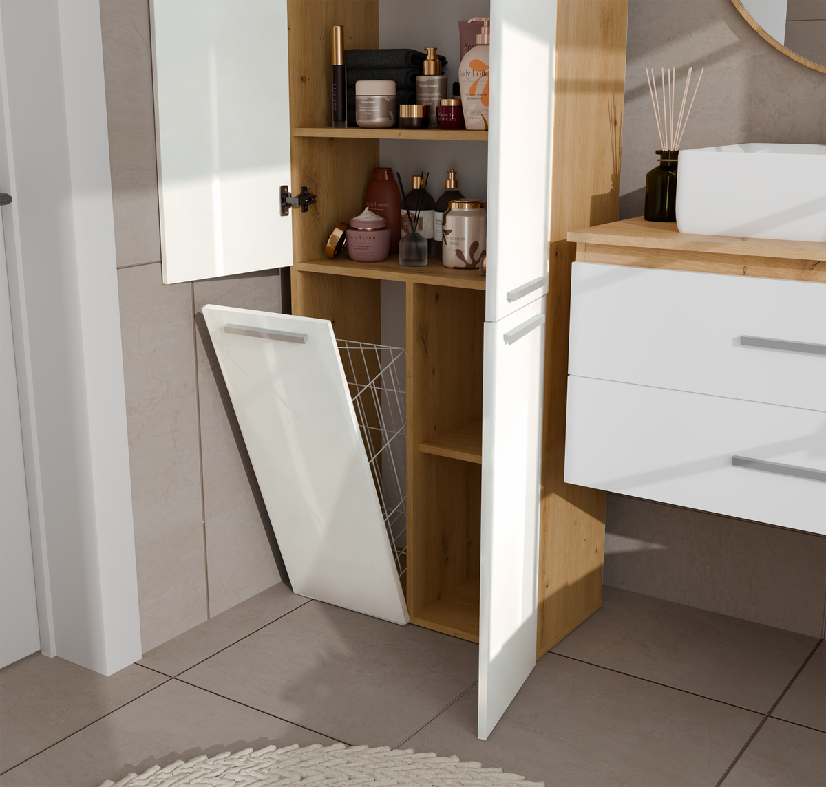 NEL 1K DD - Armoire de salle de bain avec panier à linge