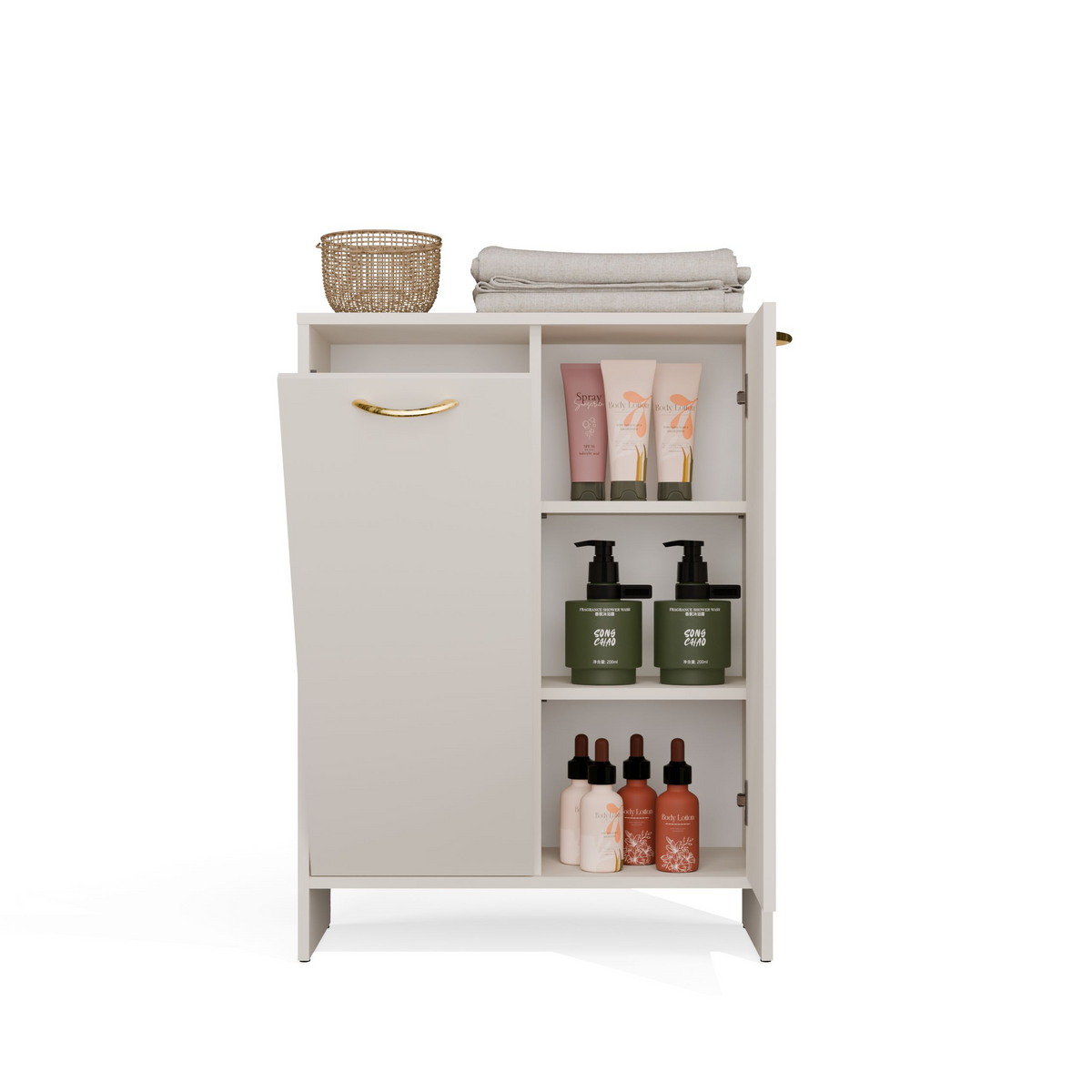 NINA 1K1D - Armoire de salle de bain panier à linge 3 étagères et 2 portes