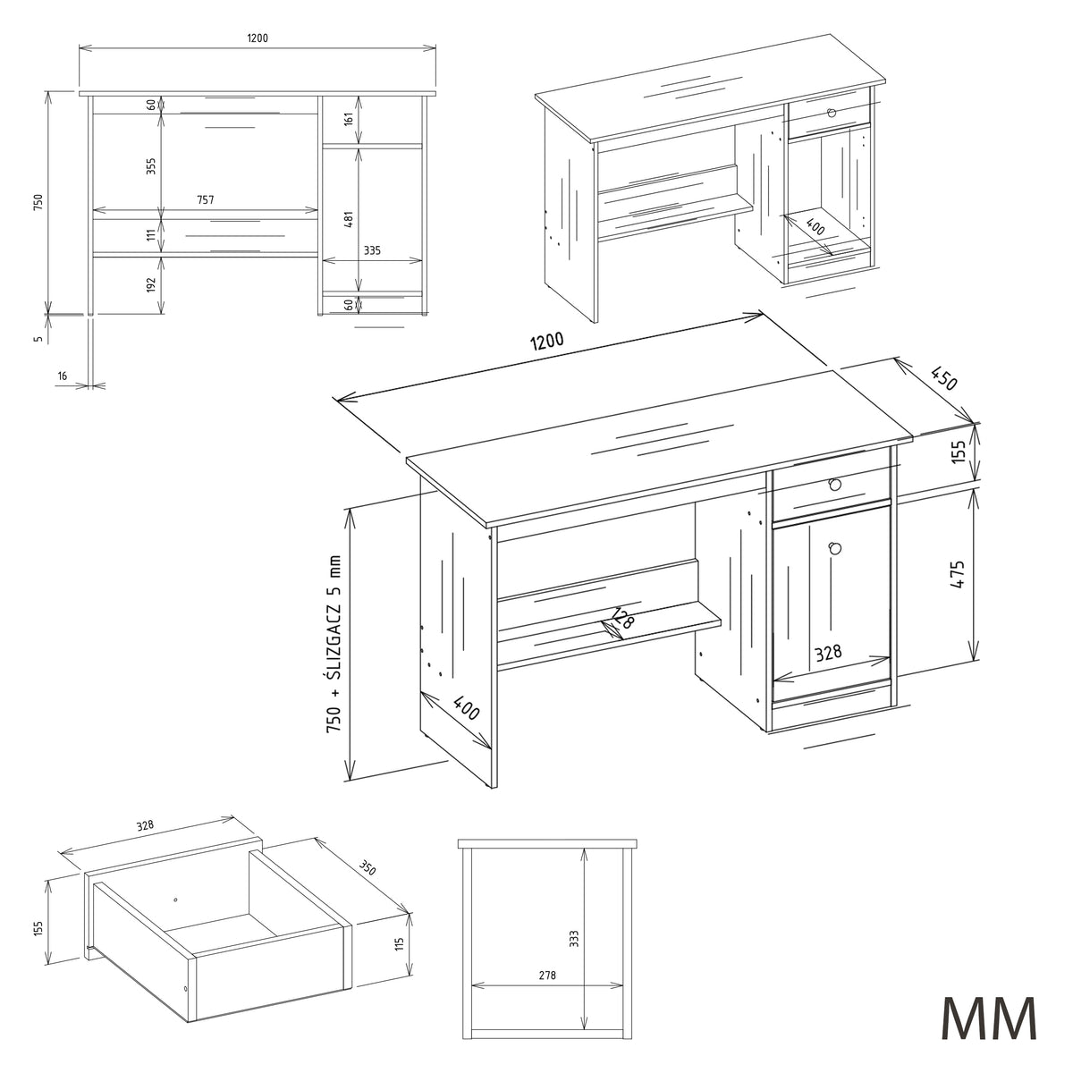 CHESTER 120 Bureau avec tiroir et porte