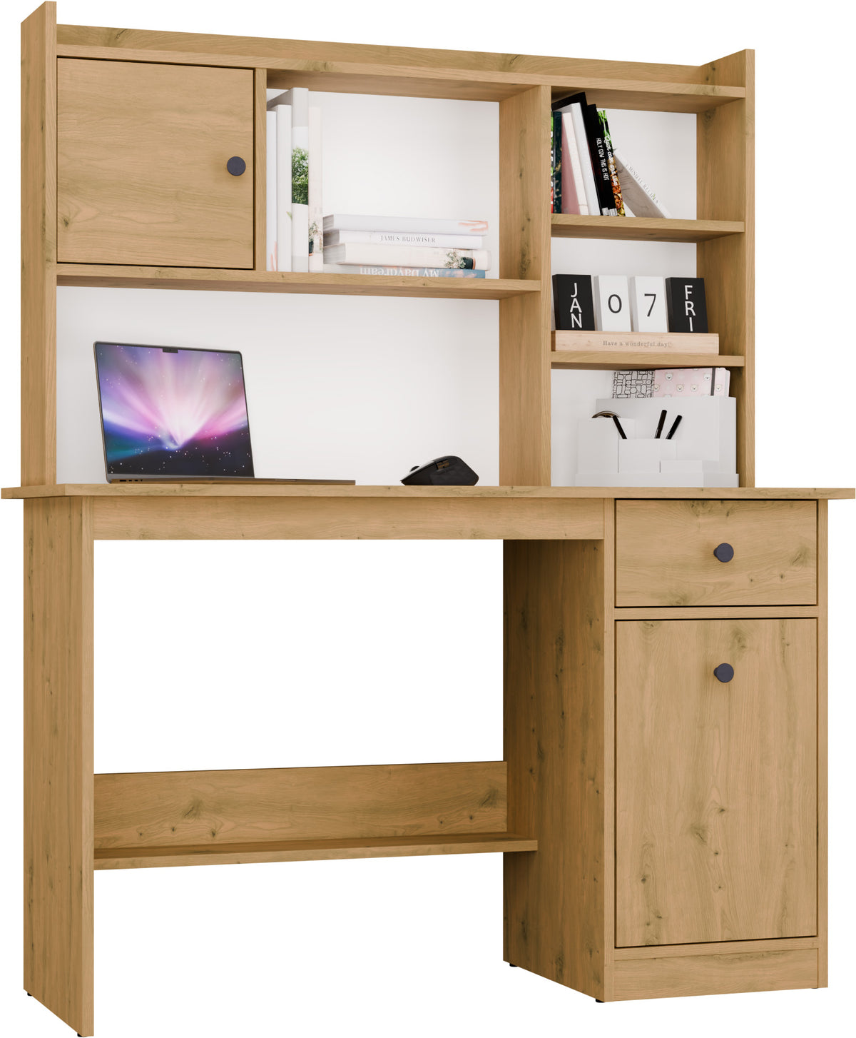 Bureau Chester avec plateau - Meuble de rangement à 1 tiroir et étagère pour salon