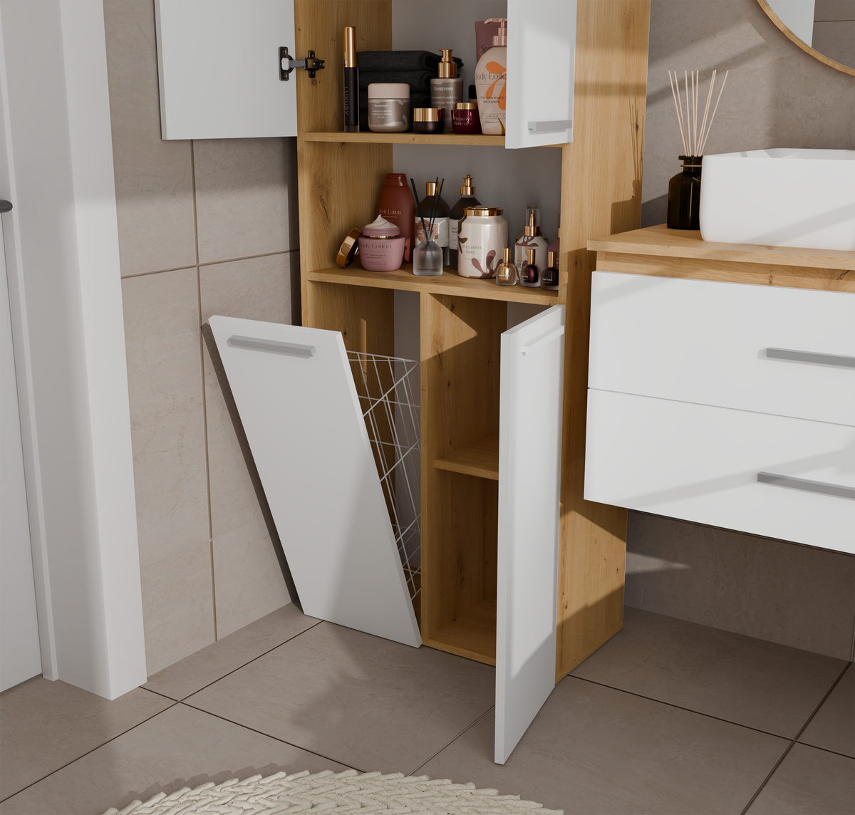 NEL 1K DD - Armoire de salle de bain avec panier à linge