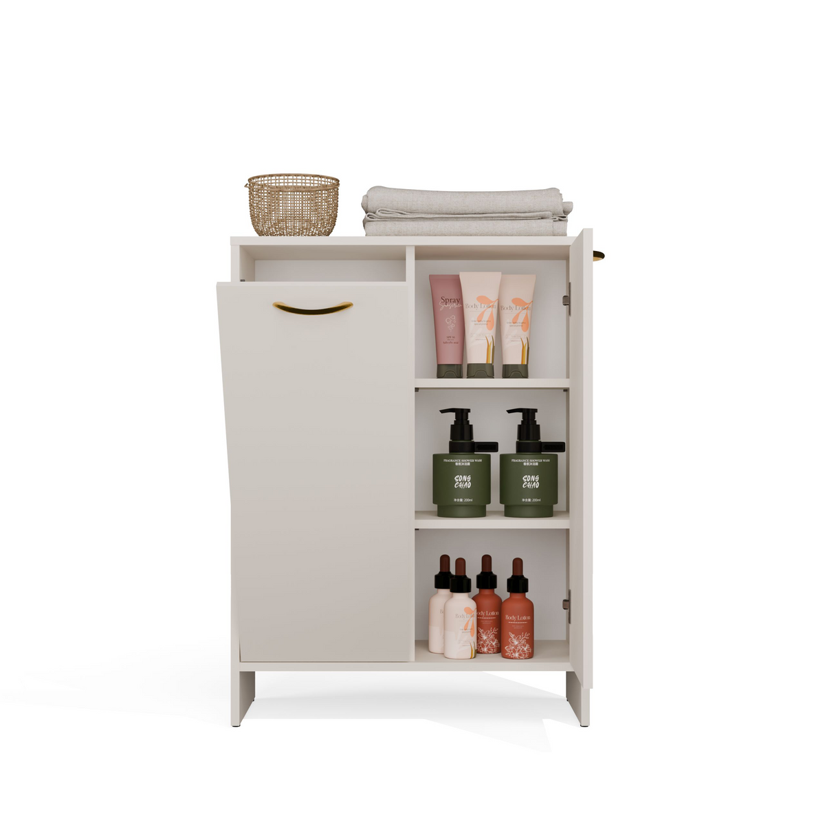 NINA 1K1D - Armoire de salle de bain panier à linge 3 étagères et 2 portes