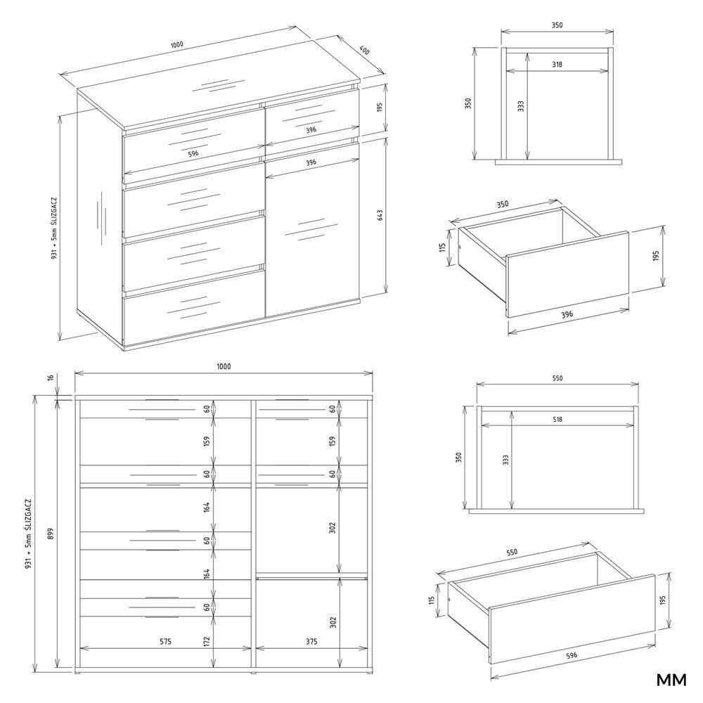 1D5S Commode - 1 porte à 5 tiroirs pour salon, chambre ou chambre d'amis
