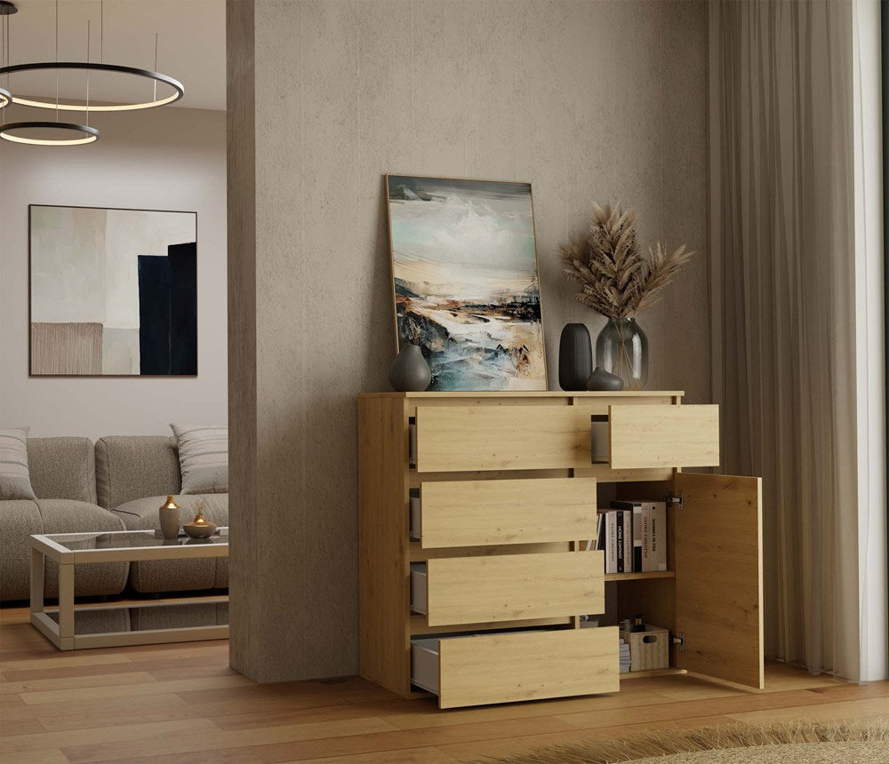1D5S Commode - 1 porte à 5 tiroirs pour salon, chambre ou chambre d'amis