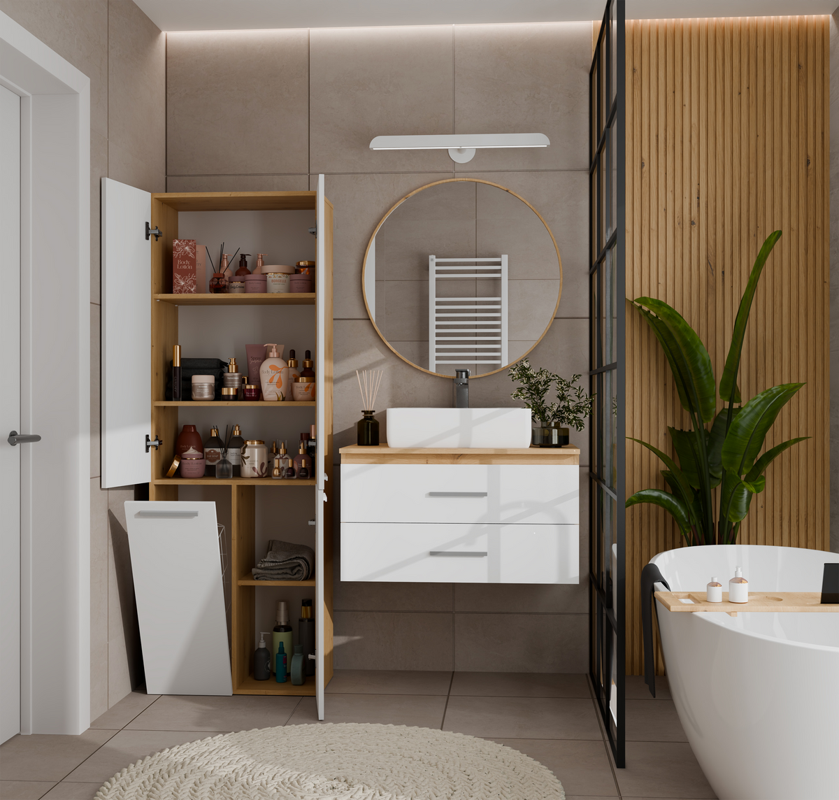 NEL 1K DD - Armoire de salle de bain avec panier à linge