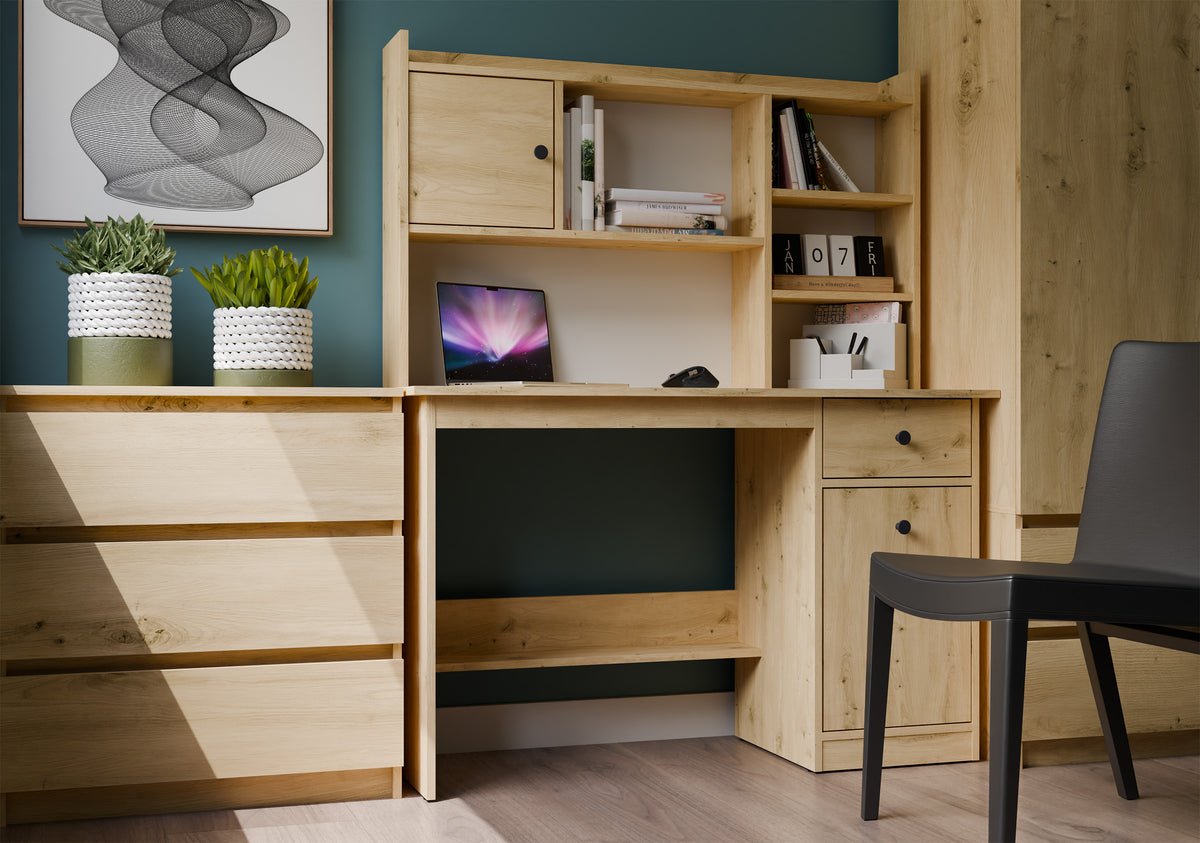 Bureau Chester avec plateau - Meuble de rangement à 1 tiroir et étagère pour salon