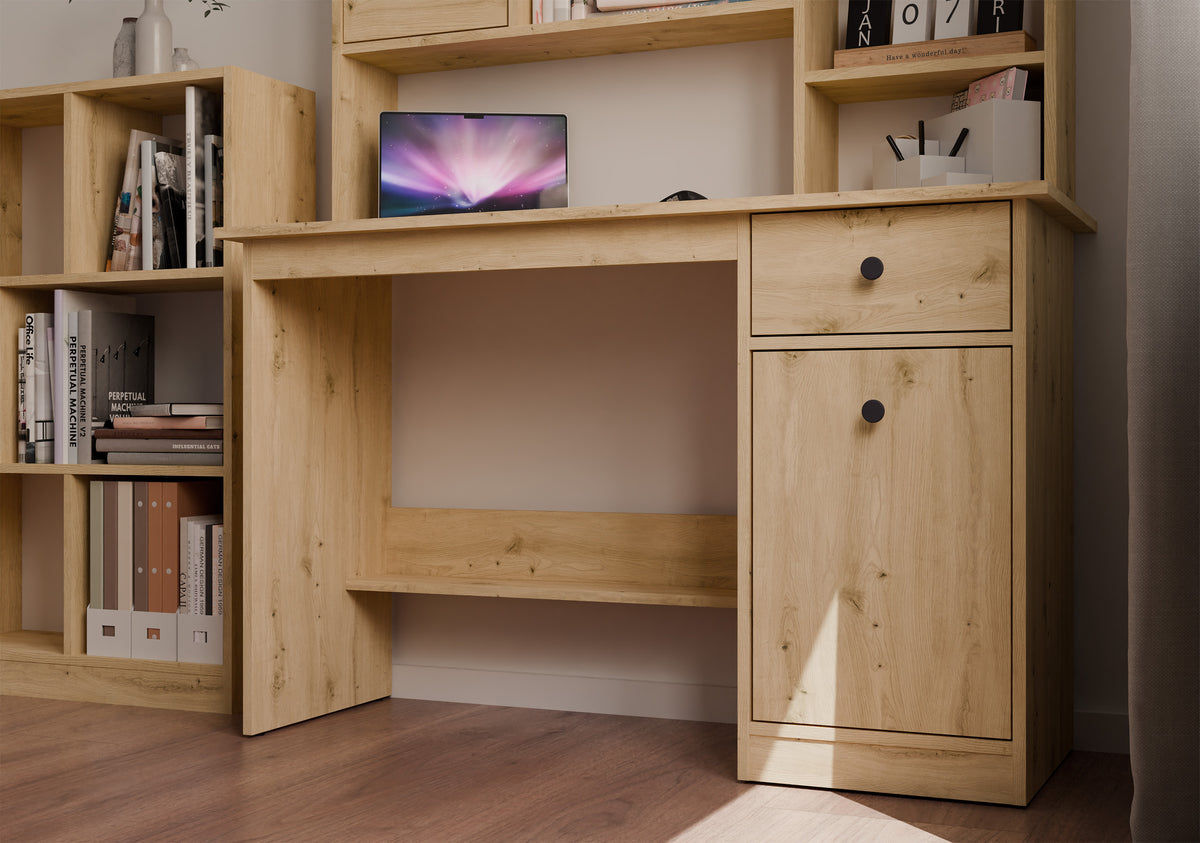 Bureau Chester avec plateau - Meuble de rangement à 1 tiroir et étagère pour salon
